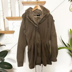 Forever 21 Brown Faux Fur Lined Hooded Parka Zip Front Cinch Waist Jacket Size M